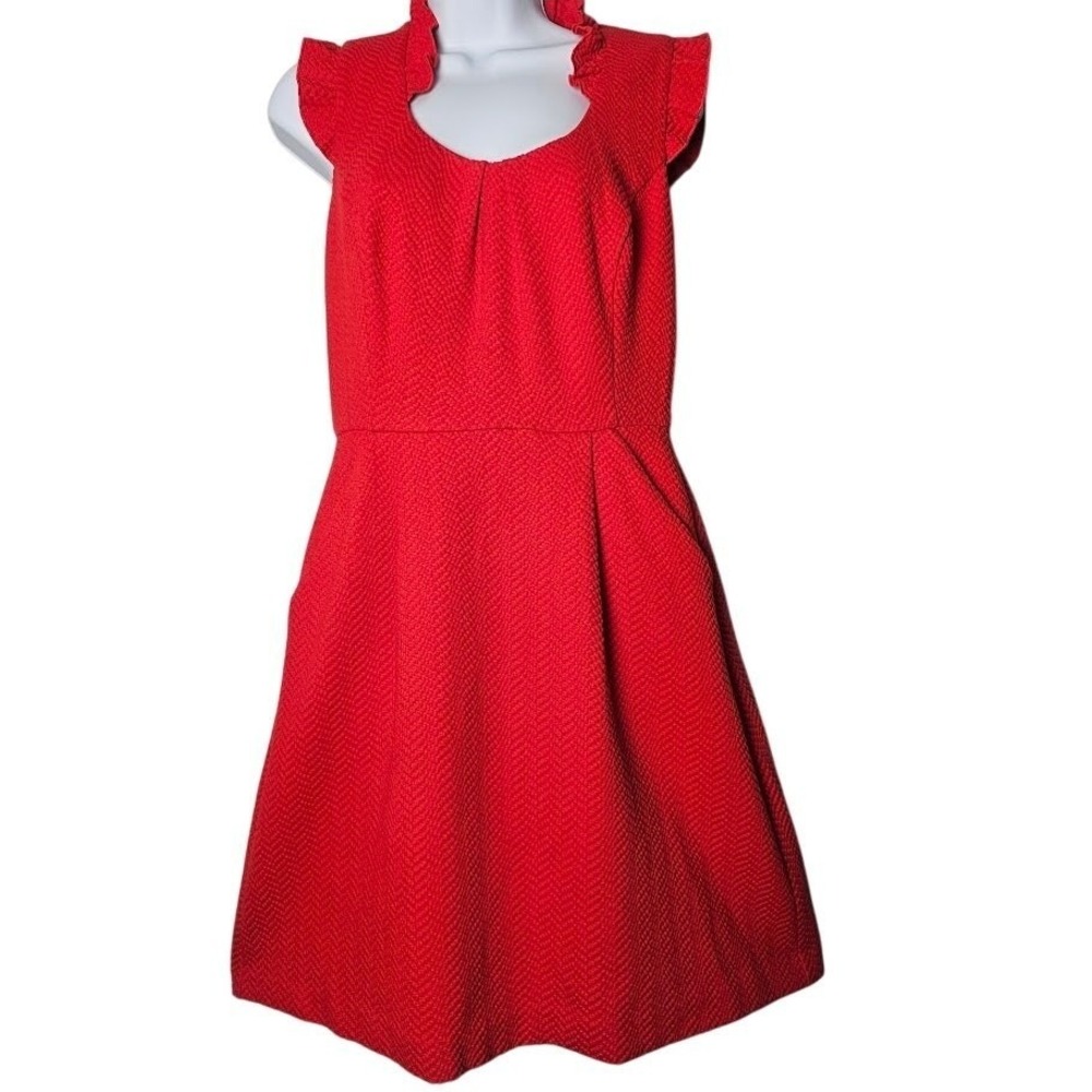 Tabitha Fit & Flare‎ Cherry Red Textured Dress 4 Pockets Ruffle Sleeves Retro